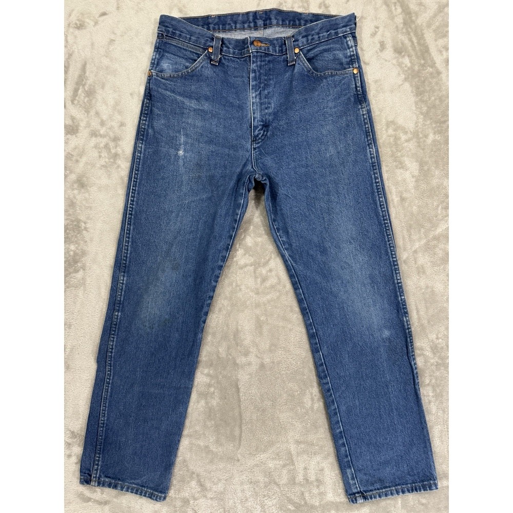 Wrangler Jeans Mens 36x33 13MWZ Blue Cowboy Cut Straight Leg Western Distressed